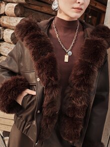 Anewsta Women Luxury Faux Leather Jacket With Plush Faux Fur Trim Hooded Winter Coat - Brown - View 2