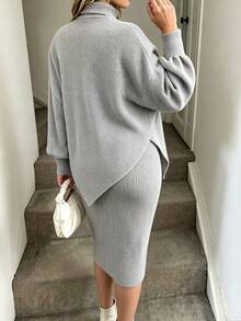 Weeklong Plus Size Women's Oatmeal Ribbed Knit Two Pieces Set, High Neck Lantern Sleeve Asymmetrical Cover Up + Bodycon Skirt, Soft Style, Date Night, Party, Daily Commute Outfit - Grey - View 2
