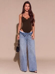 SHEIN BAE 秋冬棕色深V領蕾絲飾邊細肩帶緊身性感連身衣 感恩節亡靈節派對穿搭 - 咖啡棕 - 查看 6