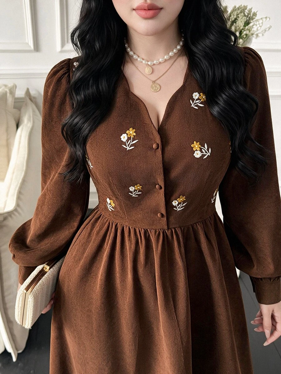 Feyla Đầm xếp ly tay dài cài cúc thêu phong cách vintage size lớn - Cà phê nâu - Xem 1