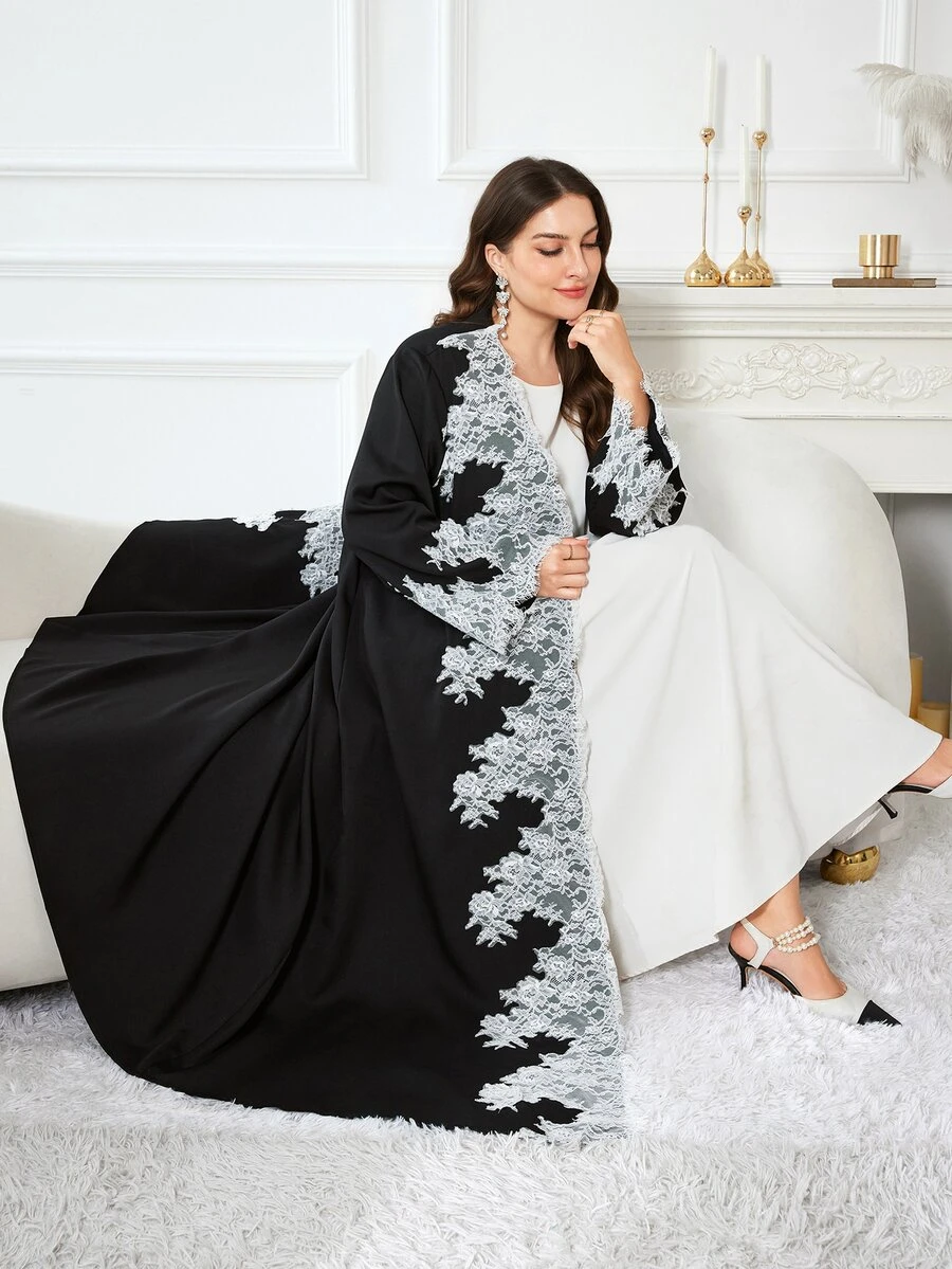 Al Najma Minimalist Casual Solid Color Lace Trim Long Sleeve Loose Regular Fit Spring Autumn Plus Size Abaya - Black - View 1