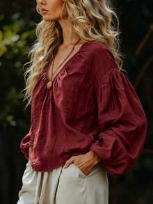 Breezaya Blus Wanita Lengan Panjang Kasual Leher V Warna Polos untuk Sehari-hari - Burgundy - View 6