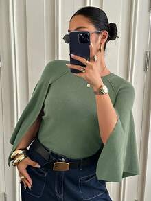 Dazy Plus Brown Loose Shawl Collar Business Casual Fashion Street Commute Elegant Pullover Sweater - Army Green - View 1