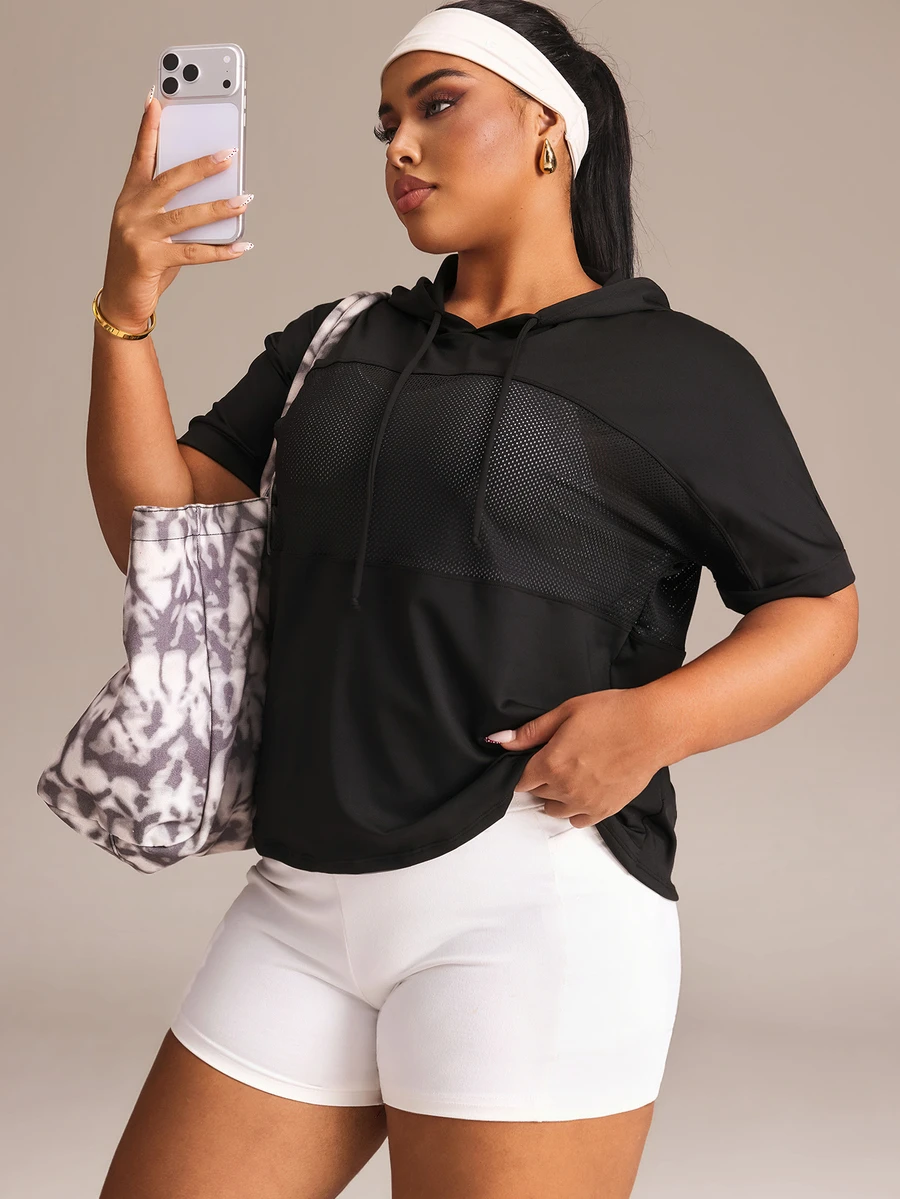 Rhythm Era Women's Plus Size Mesh Minimalist Short Sleeve Hooded Sports T-Shirt - Black - View 1