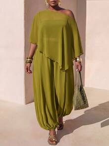 Zivah Plus Size Women Solid Color Asymmetrical Shoulder Top And Pants Casual Daily 2 Pieces Set - Olive Green - View 2
