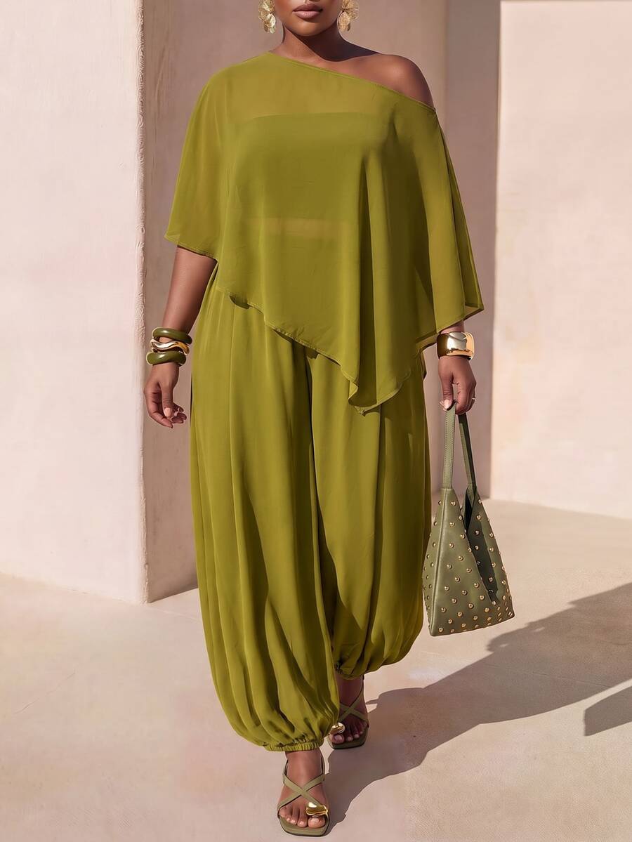 Zivah Plus Size Women Solid Color Asymmetrical Shoulder Top And Pants Casual Daily 2 Pieces Set