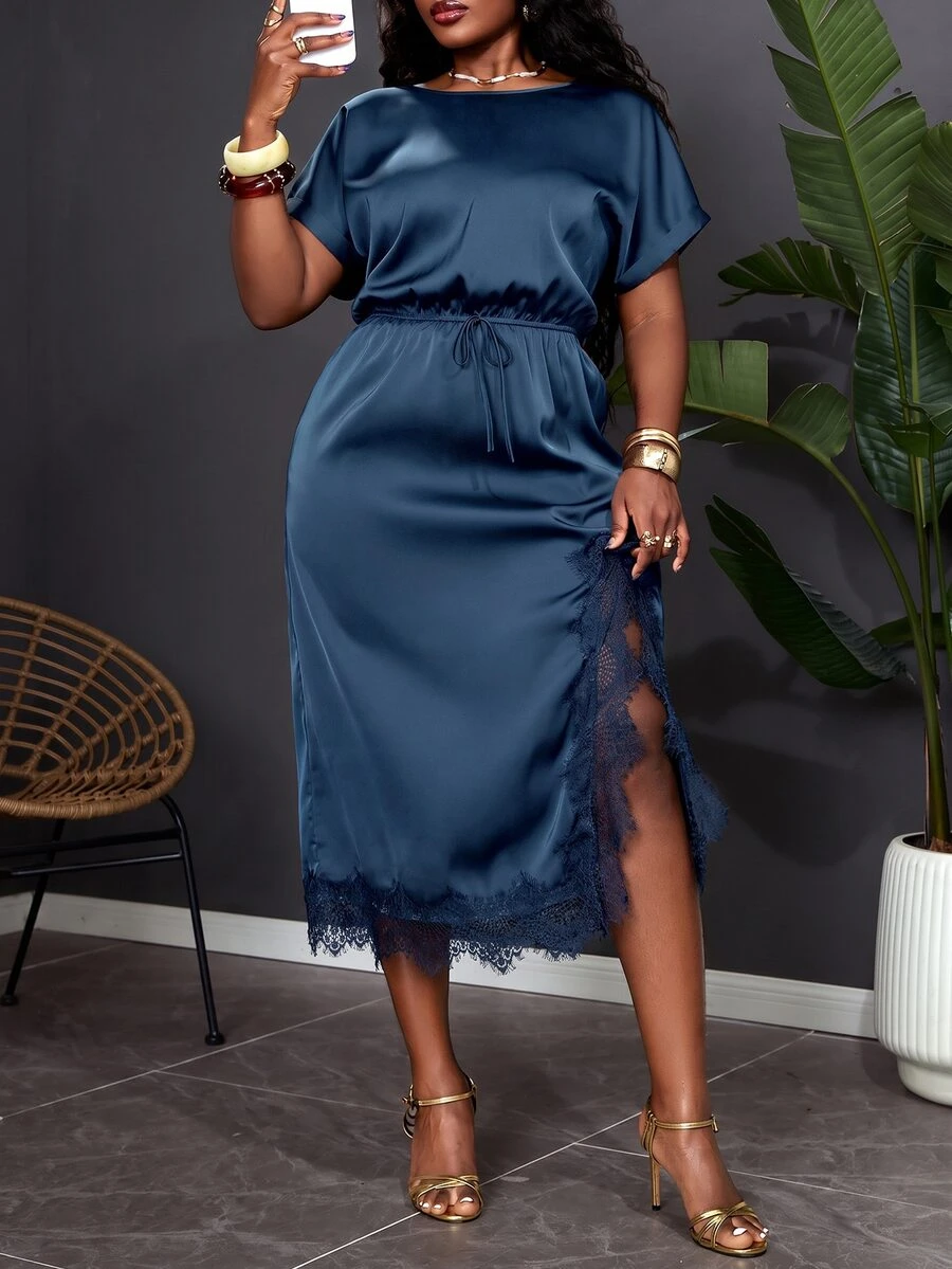SHEIN Clasi Plus Size Women's Autumn New Bat Sleeve Dress Black & White Polka Dot Suitable For Daily Commute Versatile Multi-Occasion Wear - Teal Blue - View 1