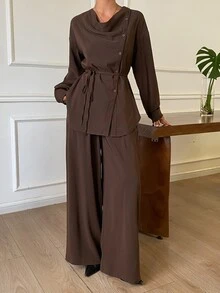 Dazy Tall Women's Solid Color Pleated Top And Pants Casual Daily 2 Pieces Set - Brown - View 2