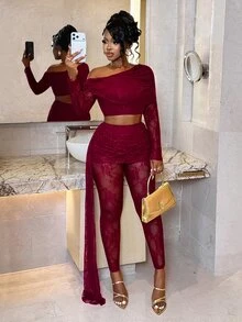 BamGleam Atmospheric Burgundy Asymmetrical Shoulder Lace Long Sleeve Top And Sexy Girl Set With Ribbon Bodycon Pants - Burgundy - View 5