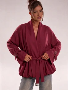 SHEIN BAE 花苞設計收腰休閒日常百搭風衣外套 - 紅色 - 查看 7