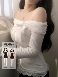 Dazy Tall Women's Off-Shoulder Korean Style Long Sleeve Lace Patchwork Versatile Fresh T-Shirt - White - View 1