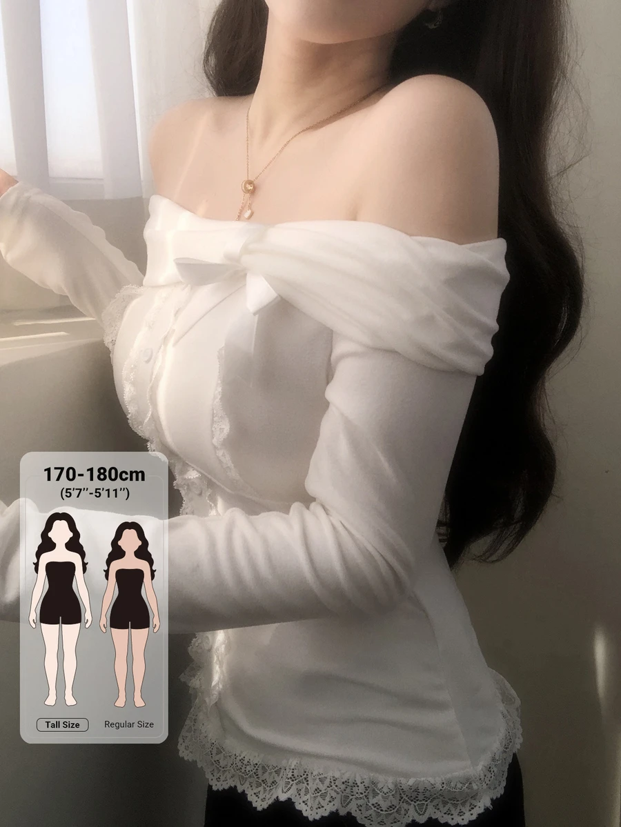Dazy Tall Women's Off-Shoulder Korean Style Long Sleeve Lace Patchwork Versatile Fresh T-Shirt - White - View 1