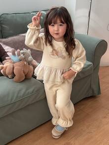 DAZY Infant Girl Round Neck Mesh Patchwork Casual Cartoon Print Sweatshirt Set - White - View 6