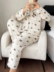 Napfluff CURVE Napfluff CURVE Plus Size Women Sweet Bow Print Coral Fleece Pajama Set - Multicolor - View 5