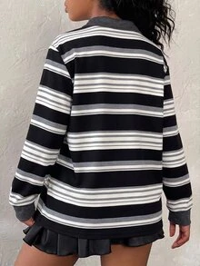 Tween Girls Casual Striped Kids Polo Collar Long Sleeve T-Shirt, Fall/Winter - Grey - View 5