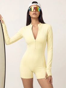 SHEIN BAE Rompi Olahraga Wanita Lengan Panjang Warna Polos dengan Resleting Setengah - Butter Yellow - View 3