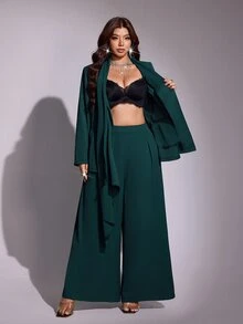 Viva Relle Plus Size French Style Casual Cinched Waist Ribbon Blazer & High Waist Straight Leg Trousers Set - Dark Green - View 7