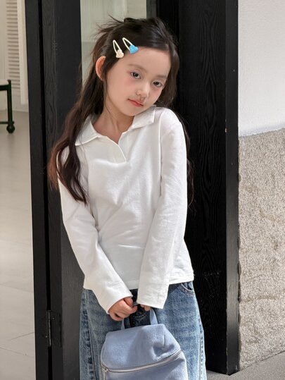 DAZY Tween Girl Solid Color Collared Long Sleeve Casual Versatile T-Shirt