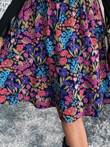 Gaun Lengan Panjang Motif Bunga Patchwork Kasual Minimalis Nyaman untuk Anak Perempuan Remaja Musim Gugur/Dingin - MultiWarna - View 3