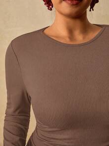Travachic Plus Size Women Black Long Sleeve Round Neck Thermal Base Layer T-Shirt, Ruched Waist Flattering Belly Control Tee - Brown - View 9