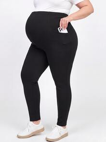 Plussiva Plus Size Maternity Solid Color Casual Everyday Pants With Pockets Fall - Black - View 1