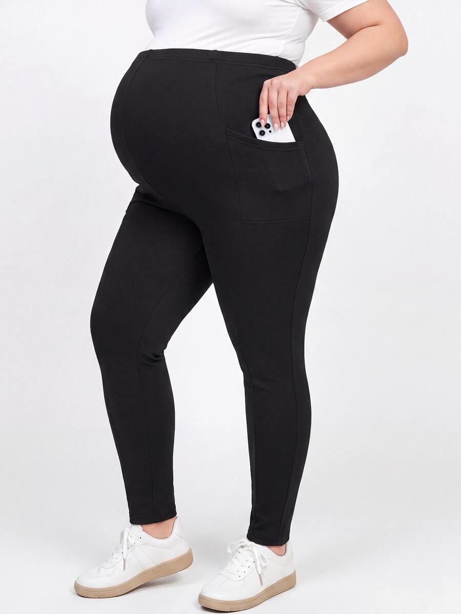 Plussiva Plus Size Maternity Solid Color Casual Everyday Pants With Pockets Fall - Black - View 1