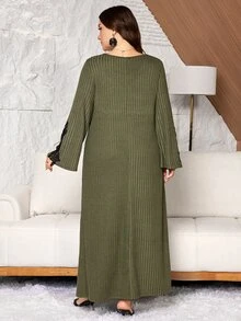 Lacomfia Ribbed Knit Long Dress With Excellent Inclusivity, Vertical Rib Texture Slimming And Heightening, Draping Smoothly Without Clinging. Exquisite Black Lace Embroidered Collar Soft And Romantic, Delicate Rhinestone Embellishments On Neckline Enhancing Elegance; Cropped Sleeves With Hollow Embroidery Details And Rhinestone Design, Loose A-Line Flare Fitting Multiple Body Types, Suitable For Home And Outings, Autumn/Winter Dress - Army Green - View 2