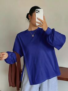 Dazy Plus Small Round Neck Solid Color Casual Versatile Side Slit Design Long Sleeve White Spring Summer Autumn T-Shirt - Royal Blue - View 3