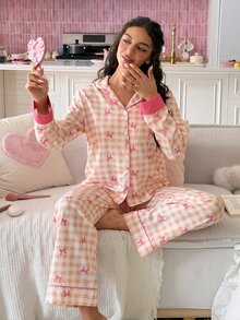 SweetSlumber Plaid Bow Bubble Puff Women's Pajama Set - Yellow - View 6