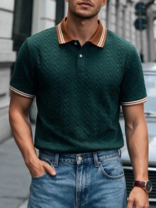 Manfinity CasualCool 英式風格拼色領波浪圖案提花 Polo 衫 男士高級百搭短袖 T 恤 - 墨綠色 - 查看 1