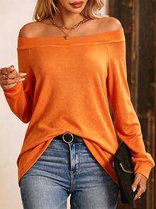 SHEIN LUNE Women's Solid Color Off-Shoulder Long Sleeve Casual T-Shirt - Orange - View 1