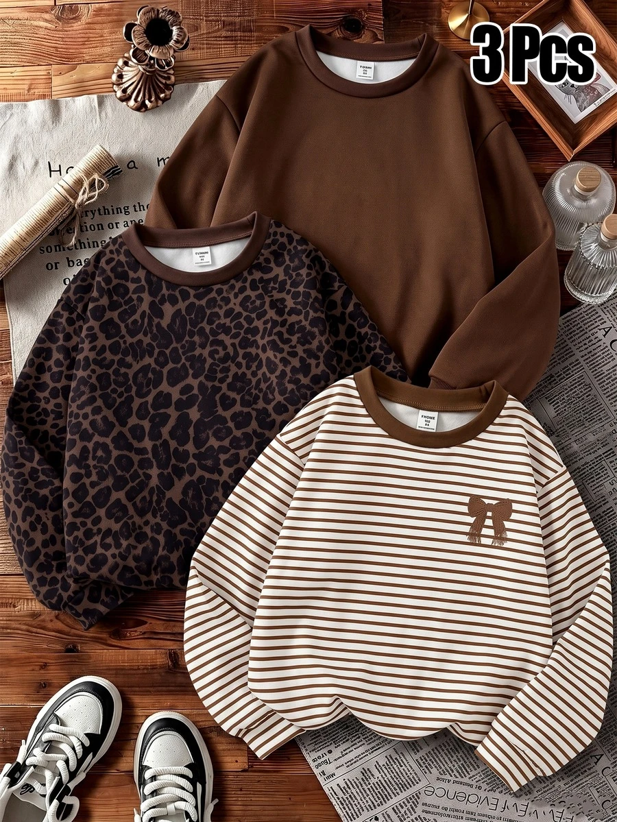 3 Random Pcs Girls' American College Style Bow Detail Brown Striped Crew Neck Sweatshirt, Cute Drop Shoulder Pullover Top For Big Tween Girl, New Leopard Print Pattern, Solid Color All-Match Versatile Sweatshirt, Suitable For Autumn/Winter Outdoor Wear - Multicolor - View 1