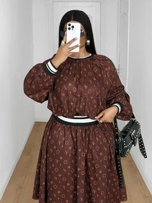 Maweii Plus Size Women's Brown Vintage All-Over Logo Print New Fashion Round Neck Long Sleeve Mid-Length Commuter Dress - Multicolor - View 3