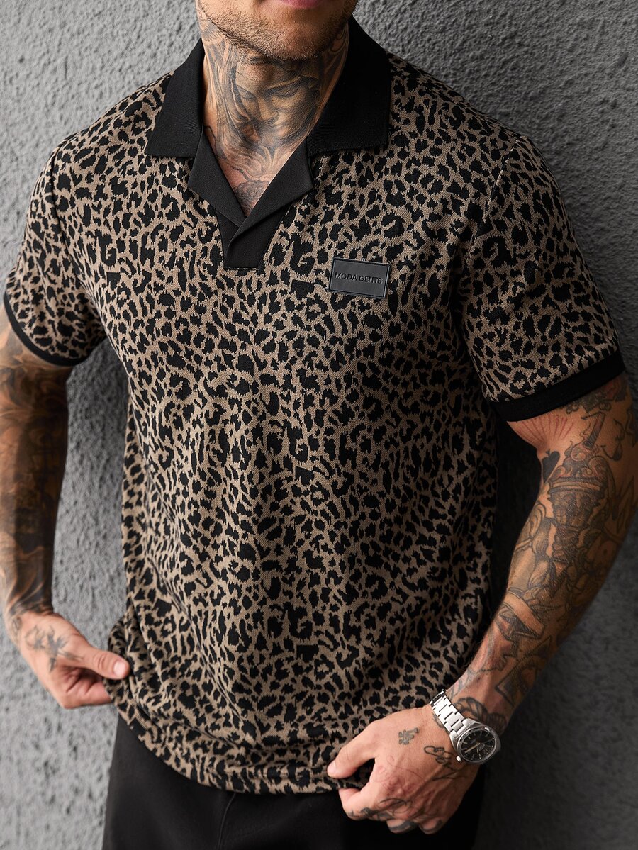 SLATEMANN Men's Leopard Print Letter Denim Short Sleeve Casual Polo Shirt - Black - View 1
