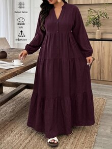 Weeklong Plus Size Solid Dark Grey Textured V-Neck Lantern Sleeve Tiered Maxi Dress, Versatile For Work & Casual Wear - Burgundy - View 4