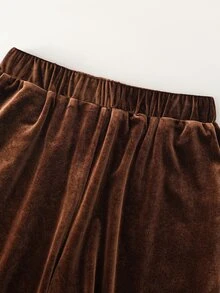 LUMIGAL Velvet Asymmetrical Shoulder Long Sleeve Women Casual Shirt + Velvet Elastic Waist Wide Leg Pants Two Pieces Set - Coffee Brown - View 5