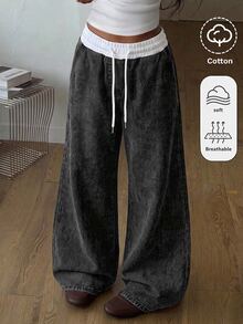 Kids Tween Girl Contrast Waistband Black Knit Denim Loose Fit Long Pants - Black - View 1