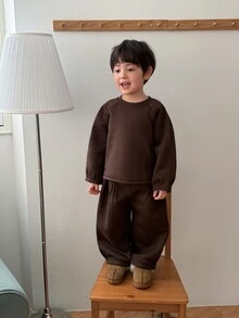 DAZY Infant Boys Round Neck Long Sleeve Solid Color Casual 2pcs Sweatshirt Set - Coffee Brown - View 4