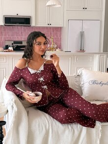 SweetSlumber Women's Heart Print Knit Fabric Long Sleeve Pants Pajama Set - Red and White - View 1