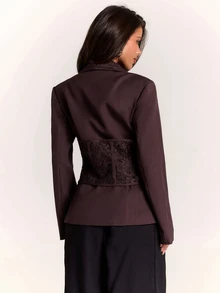 SHEIN BAE بليزر نسائي كاجوال متعدد الاستخدامات للتنقل والسفر بتصميم دانتيل مرقع - بني - مشاهدة 2