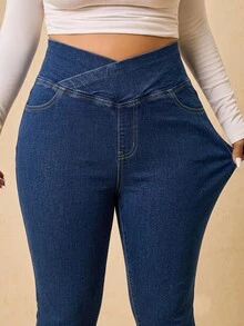 SHEIN MOD بنطلون جينز نسائي مقاس كبير بخصر غير متماثل للارتداء اليومي الكاجوال - أزرق متوسط - مشاهدة 1