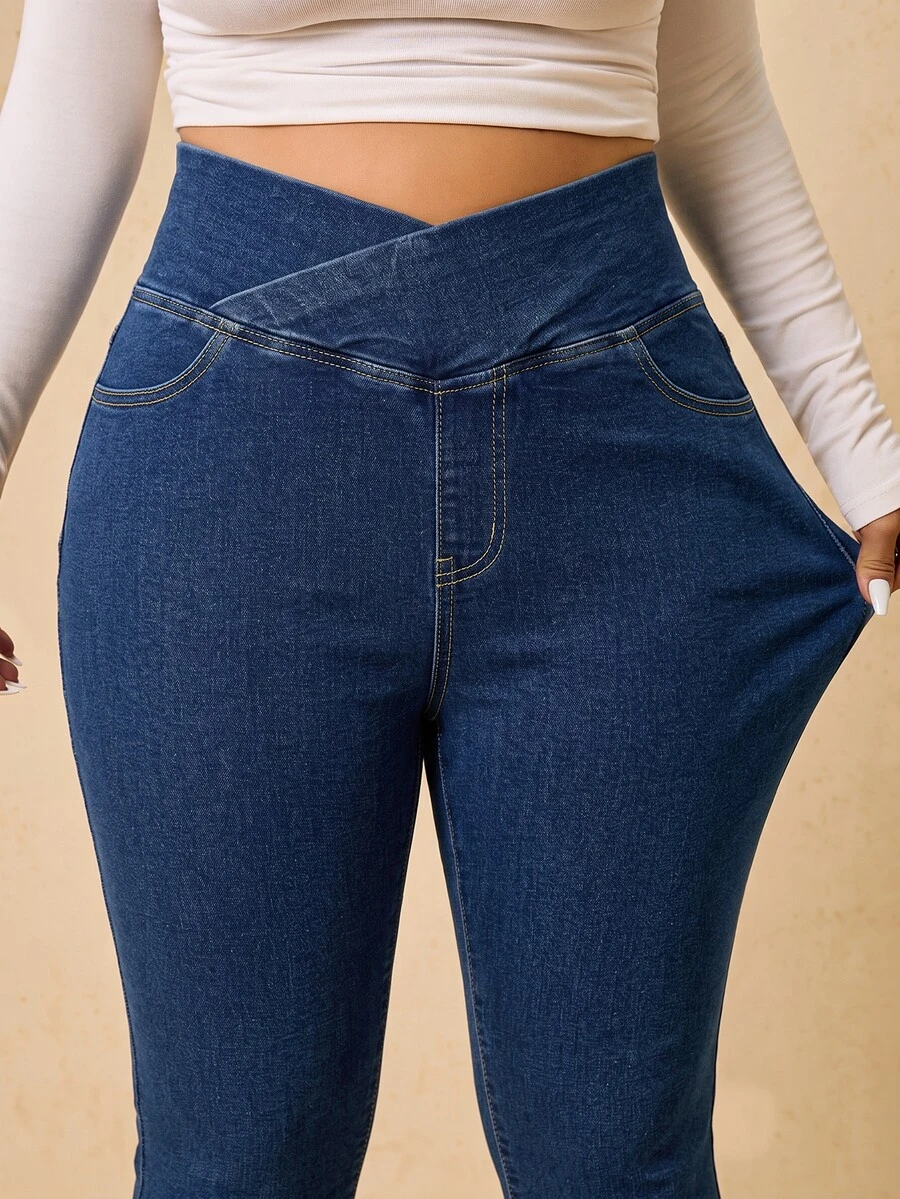 SHEIN MOD بنطلون جينز نسائي مقاس كبير بخصر غير متماثل للارتداء اليومي الكاجوال - أزرق متوسط - مشاهدة 1