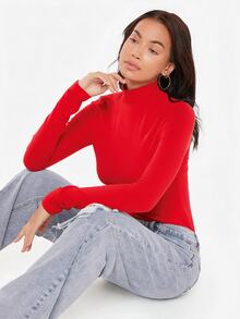 SHEIN BASICS 女款高領長袖羅紋針織修身T恤上衣，黑色 - 紅色 - 查看 5