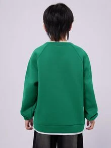 SHEIN 兒童青少年男孩休閒日常百搭舒適拼接撞色2合1圓領寬鬆套頭長袖針織衛衣，適合通勤上學、日常休閒、度假旅行、運動，秋冬季節適用 - 綠色 - 查看 3