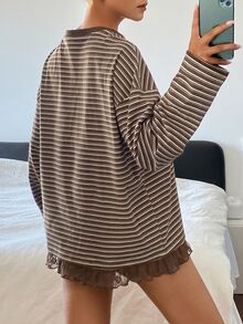 Dazy Tall Women's Round Neck Loose Striped Lace Patchwork Urban Casual T-Shirt - Brown - View 2