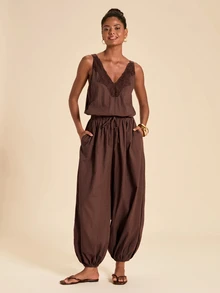 Travachic Women's Lace Patchwork Casual Daily Wear Romper - Coffee Brown - View 4