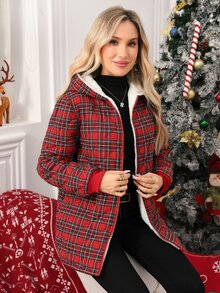 SHEIN Clasi Women's Plaid Long Sleeve Zip-Up Casual Hooded Winter Jacket - Red - View 7