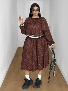Maweii Plus Size Women's Brown Vintage All-Over Logo Print New Fashion Round Neck Long Sleeve Mid-Length Commuter Dress - Multicolor - View 1