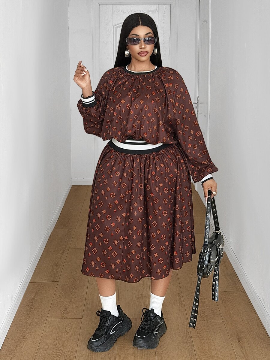 Maweii Plus Size Women's Brown Vintage All-Over Logo Print New Fashion Round Neck Long Sleeve Mid-Length Commuter Dress - Multicolor - View 1