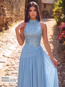 Glamrae Elegant Luxurious 3D Floral Lace Sequin Embroidered Patchwork Elastic Knit Mesh Ruched High Slit Full Skirt Evening Gown Suitable For Wedding Events Bachelor Party Vacation Festival Gathering Music Festival Graduation Season Dinner Party - Blue - View 4
